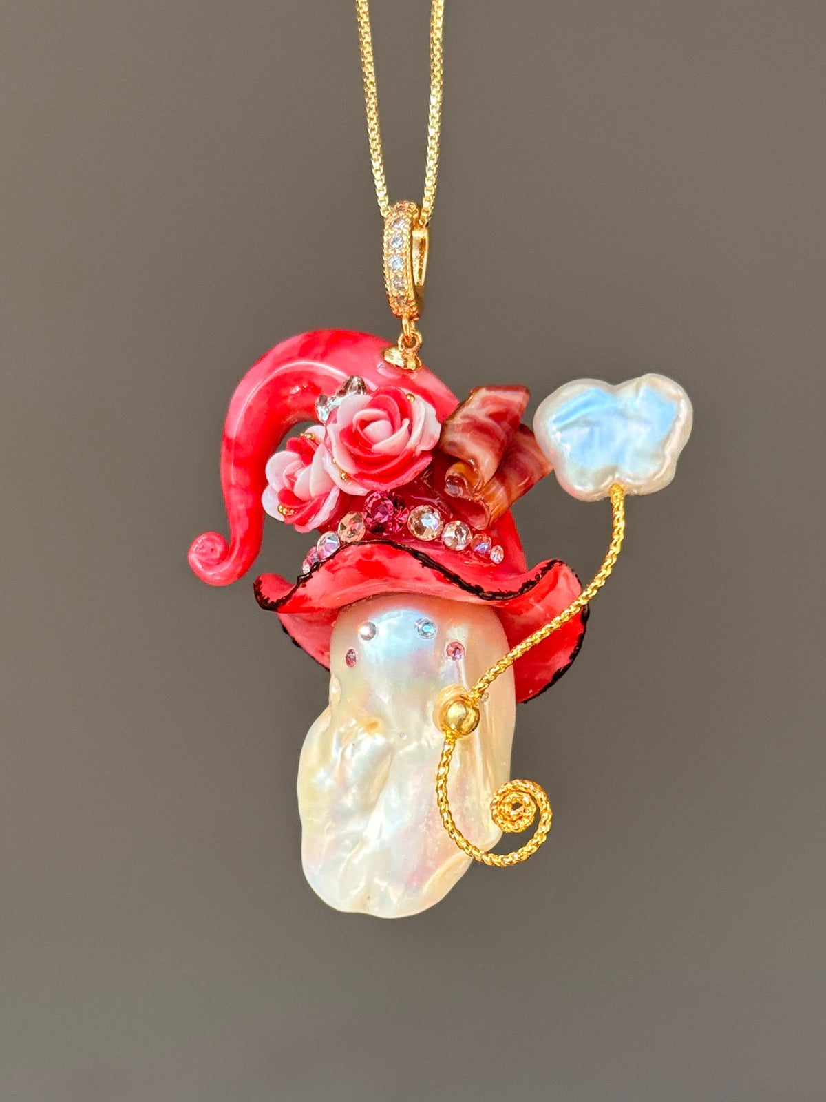 [PIECE05] Bacon Sprite baroque pearl necklace with bacon-inspired hat, sculpted bacon detail, floral accents, sparkling stones, gold wand, and natural baroque pearl