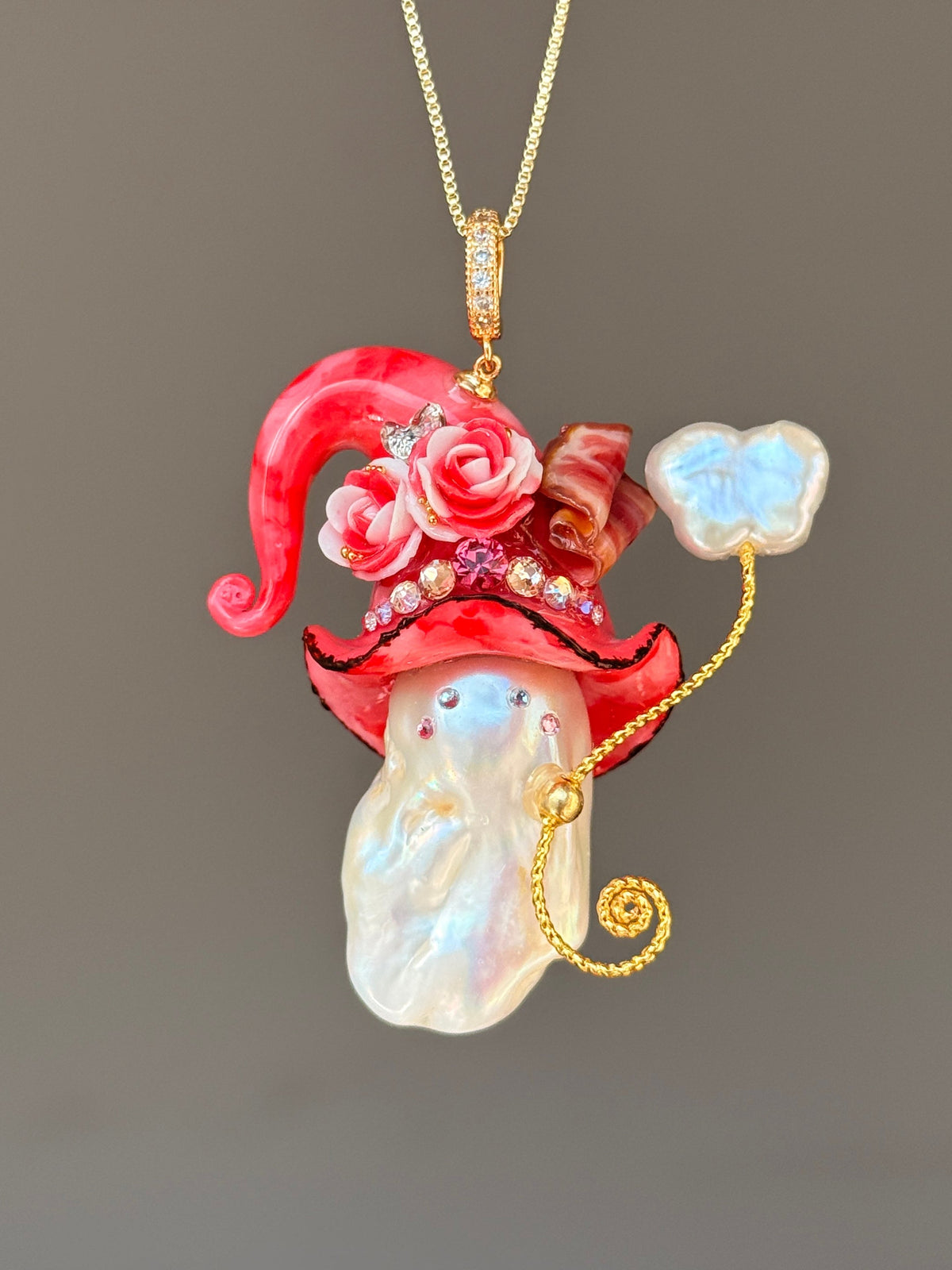 [PIECE05] Bacon Sprite baroque pearl necklace with bacon-inspired hat, sculpted bacon detail, floral accents, sparkling stones, gold wand, and natural baroque pearl
