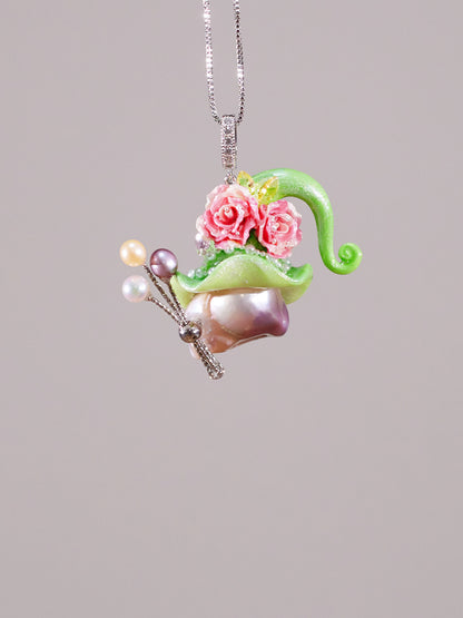 Hat Charms – Hand-Sculpted Mini Hat Pearl Necklace - "Spring Green" 605-GreenHat
