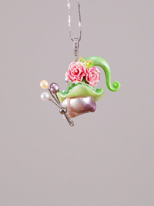 Hat Charms – Hand-Sculpted Mini Hat Pearl Necklace - "Spring Green" 605-GreenHat