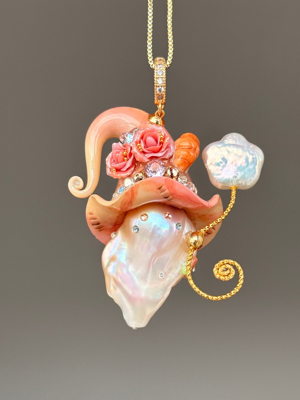 [PIECE02] Bakery Sprite baroque pearl necklace with peach croissant-inspired hat, sculpted croissant detail, pink floral accents, gold wand, and natural baroque pearl