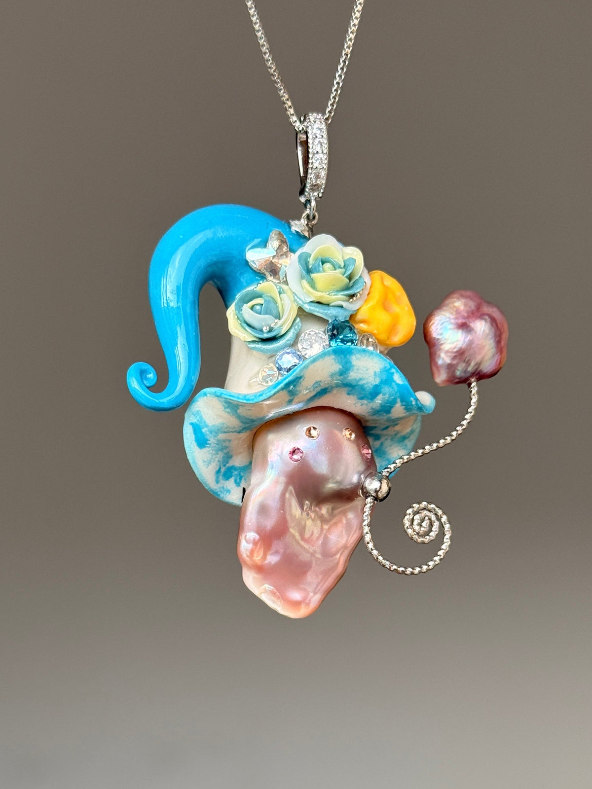 [PIECE02] Cheese Sprite baroque pearl necklace with bright blue curled hat, mint sculpted roses, yellow cheese wedge detail, silver wand, pink pearl accent, and natural baroque pearl