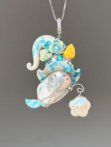[PIECE04] Cheese Sprite baroque pearl necklace with white and aqua curled hat, pale blue sculpted roses, yellow cheese wedge detail, silver wand, pearl-tipped charm, and natural baroque pearl
