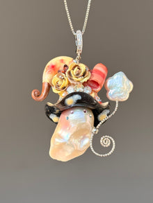 [PIECE04] Bacon Sprite baroque pearl necklace with bacon-inspired hat, sculpted bacon detail, floral accents, sparkling stones, gold wand, and natural baroque pearl