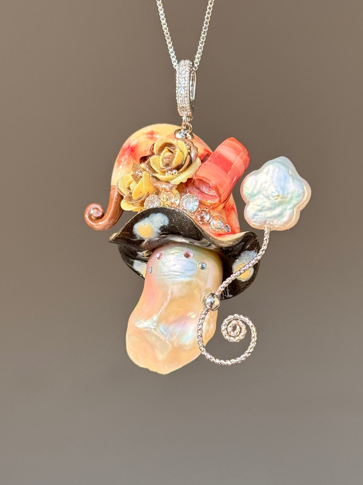 [PIECE04] Bacon Sprite baroque pearl necklace with bacon-inspired hat, sculpted bacon detail, floral accents, sparkling stones, gold wand, and natural baroque pearl