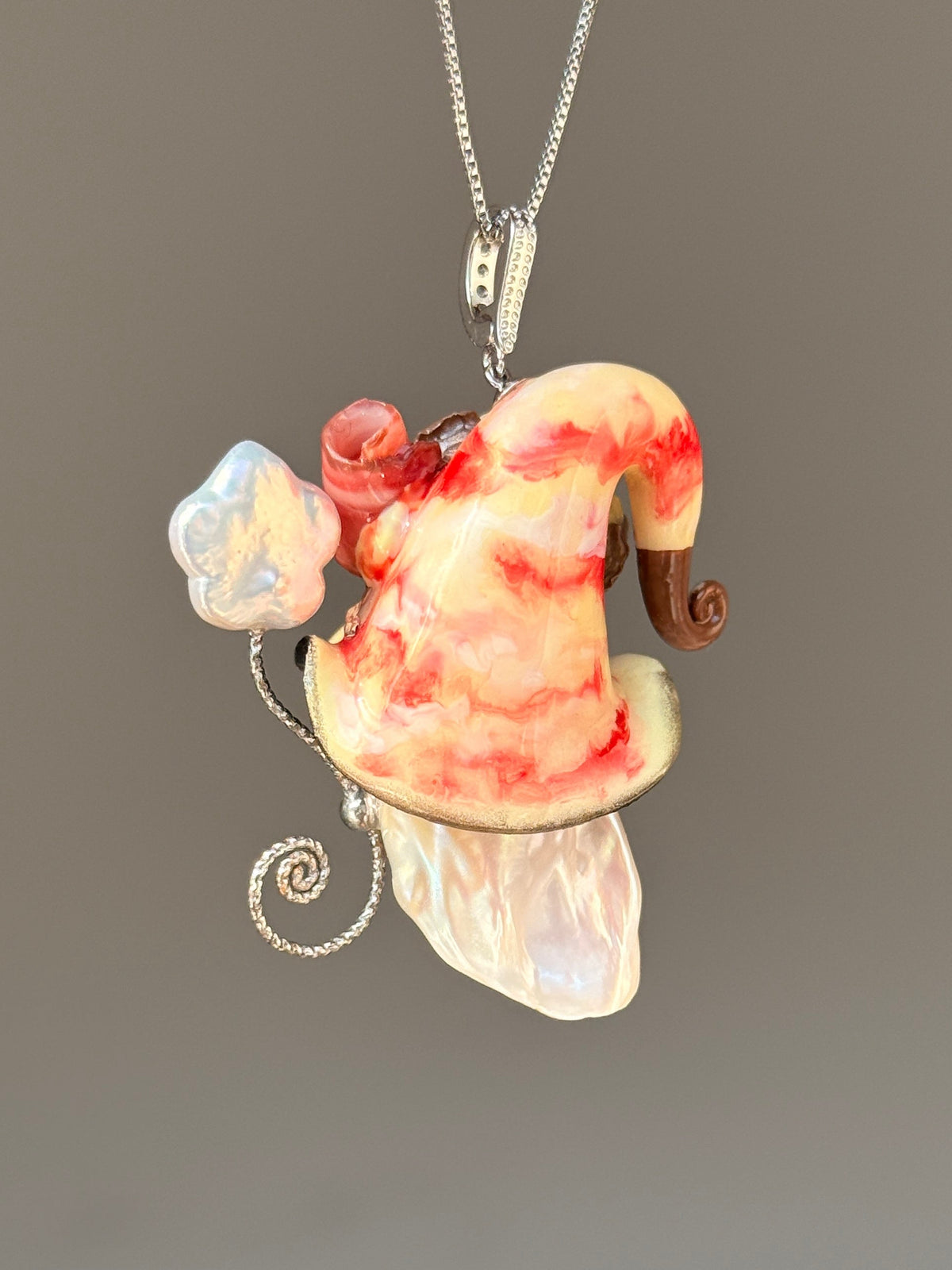 [PIECE04] Bacon Sprite baroque pearl necklace with bacon-inspired hat, sculpted bacon detail, floral accents, sparkling stones, gold wand, and natural baroque pearl