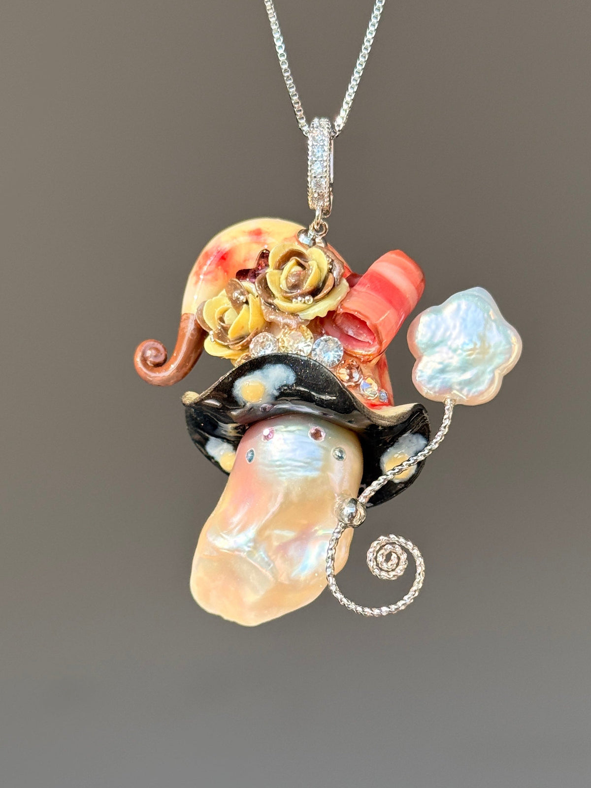 [PIECE04] Bacon Sprite baroque pearl necklace with bacon-inspired hat, sculpted bacon detail, floral accents, sparkling stones, gold wand, and natural baroque pearl