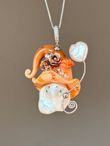 [PIECE03] Bakery Sprite baroque pearl necklace with orange croissant-inspired hat, brown sculpted roses, silver wand, and natural baroque pearl