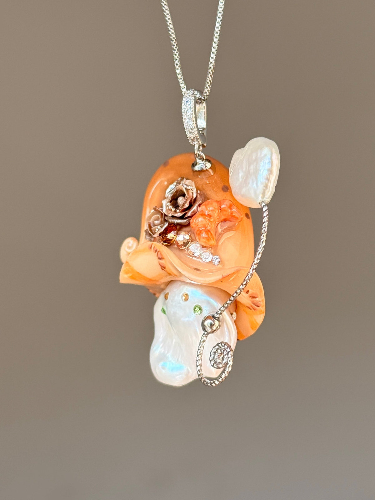 [PIECE03] Bakery Sprite baroque pearl necklace with orange croissant-inspired hat, brown sculpted roses, silver wand, and natural baroque pearl