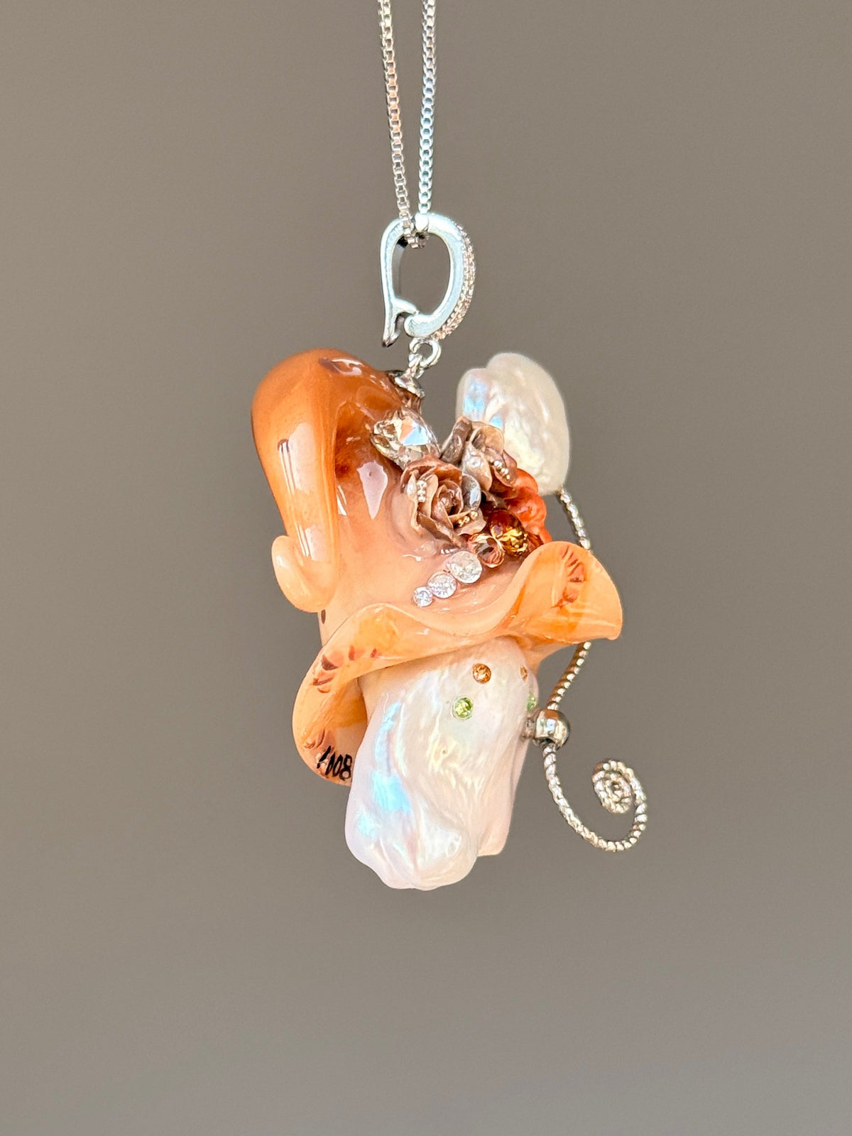 [PIECE03] Bakery Sprite baroque pearl necklace with orange croissant-inspired hat, brown sculpted roses, silver wand, and natural baroque pearl