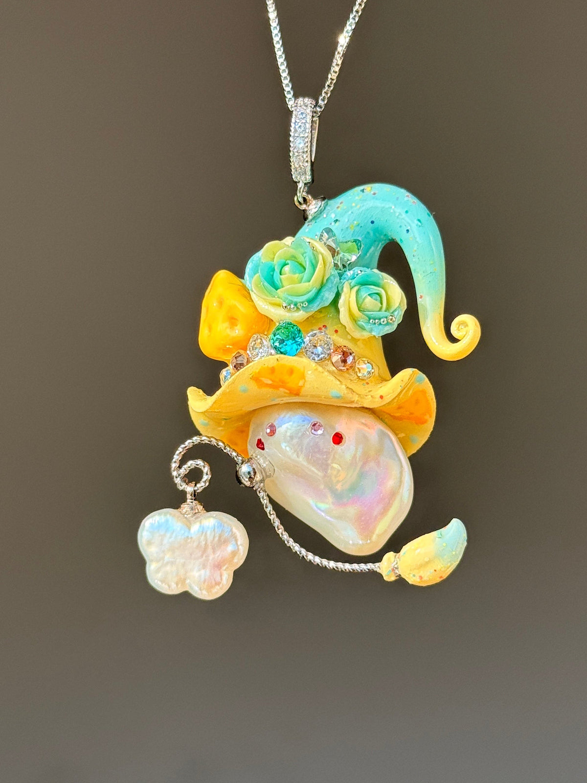 [PIECE05] Cheese Sprite baroque pearl necklace with turquoise and yellow curled hat, aqua sculpted roses, sculpted cheese details, silver wand, pearl charm, and natural baroque pearl