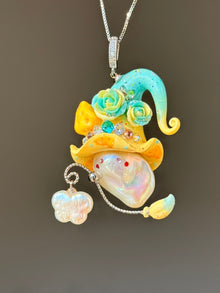 [PIECE05] Cheese Sprite baroque pearl necklace with turquoise and yellow curled hat, aqua sculpted roses, sculpted cheese details, silver wand, pearl charm, and natural baroque pearl