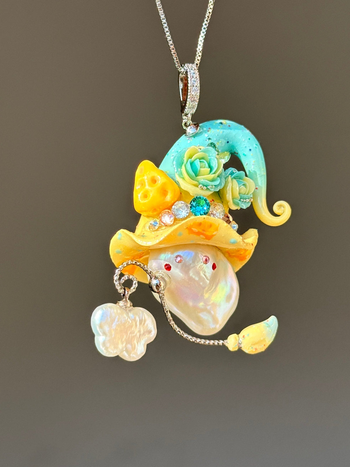 [PIECE05] Cheese Sprite baroque pearl necklace with turquoise and yellow curled hat, aqua sculpted roses, sculpted cheese details, silver wand, pearl charm, and natural baroque pearl