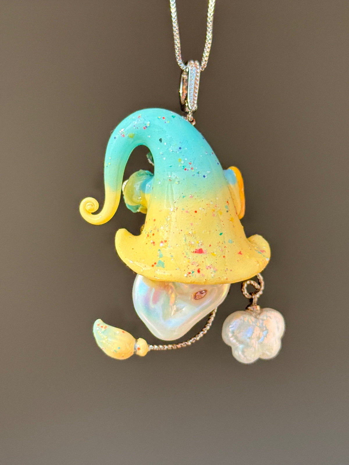 [PIECE05] Cheese Sprite baroque pearl necklace with turquoise and yellow curled hat, aqua sculpted roses, sculpted cheese details, silver wand, pearl charm, and natural baroque pearl