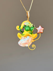 [PIECE02] Watermelon Sprite baroque pearl necklace with a yellow mini hat, sculpted watermelon details, a pink star charm, sparkling accents, and natural baroque pearl