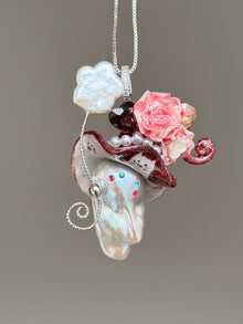 [PIECE08] Burgundy and Silver Cat Baroque Pearl Necklace with Pink Rose Hat