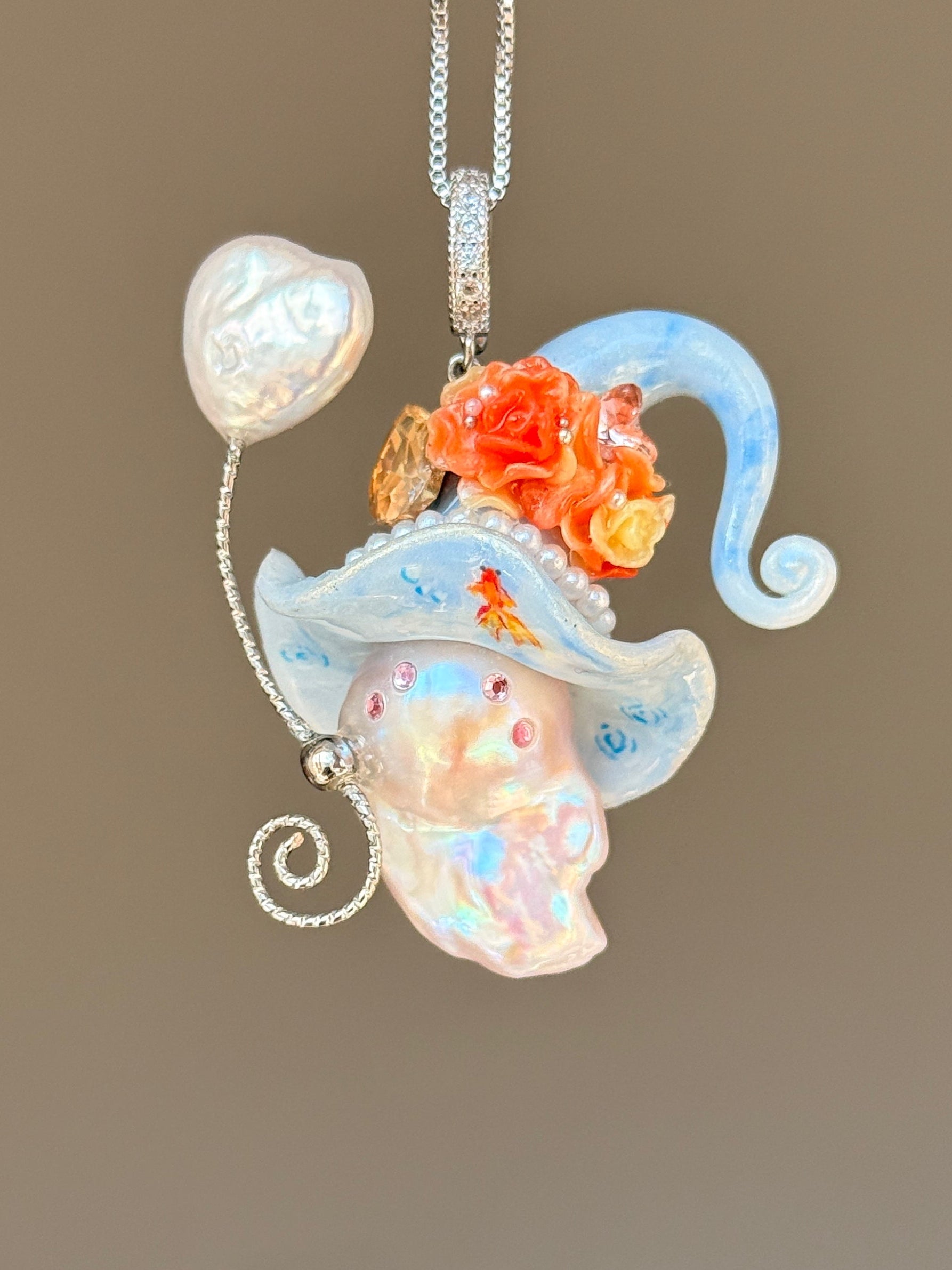 PIECE01 Pondlight Goldfish Sprite baroque pearl necklace with sky-blue hat, coral floral details and hand-painted goldfish accents