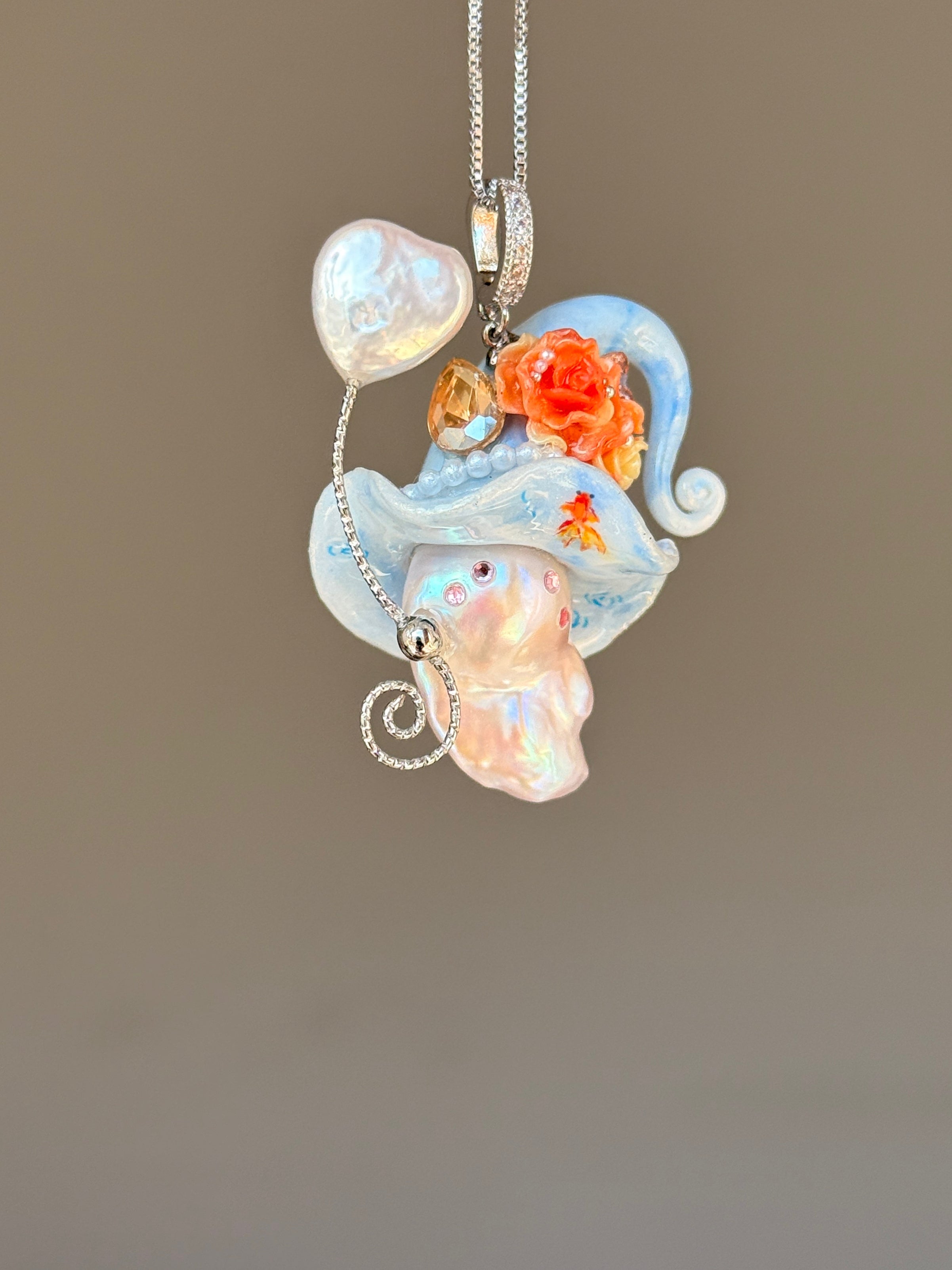 PIECE01 Pondlight Goldfish Sprite baroque pearl necklace with sky-blue hat, coral floral details and hand-painted goldfish accents