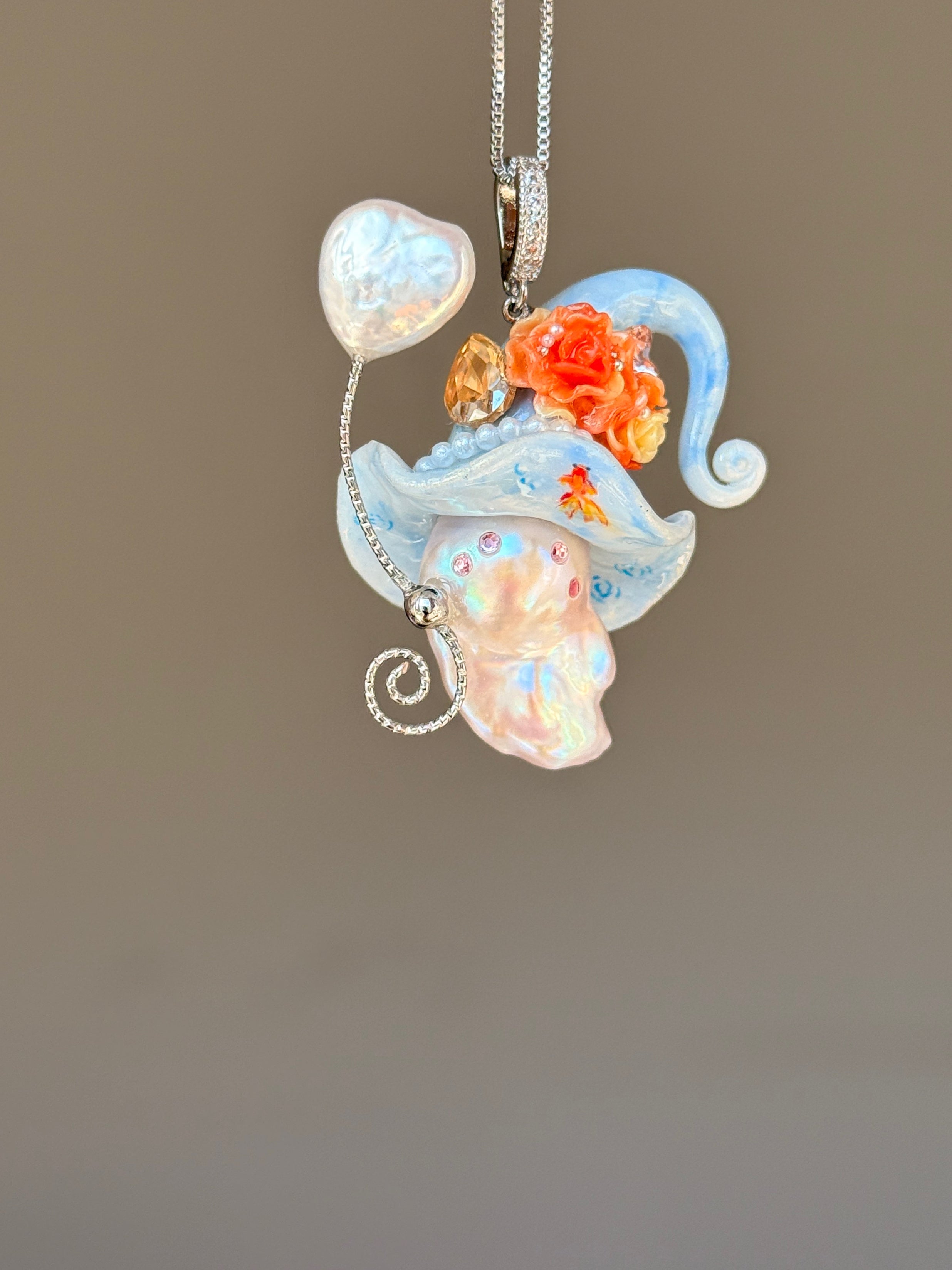 PIECE01 Pondlight Goldfish Sprite baroque pearl necklace with sky-blue hat, coral floral details and hand-painted goldfish accents