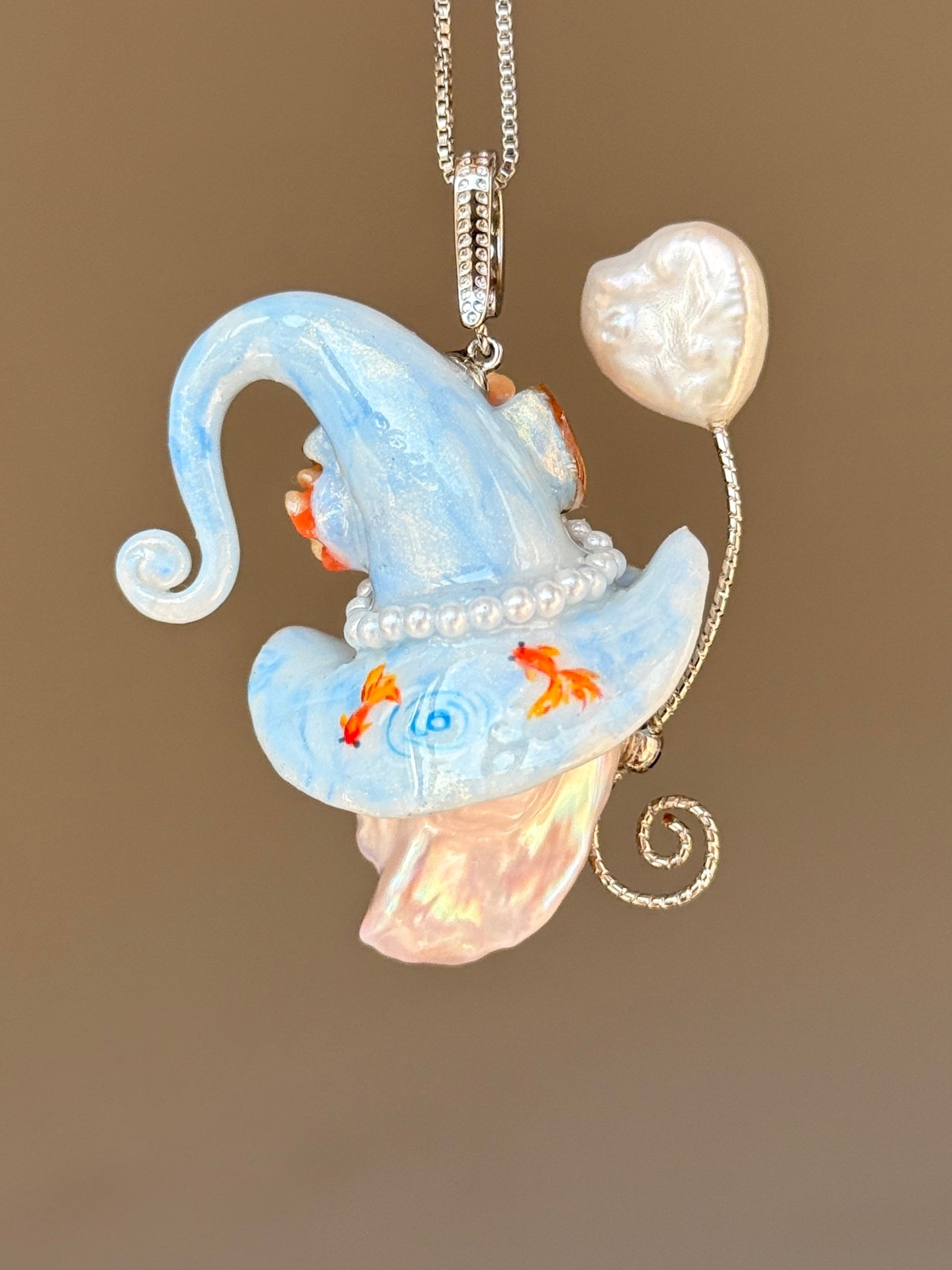 PIECE01 Pondlight Goldfish Sprite baroque pearl necklace with sky-blue hat, coral floral details and hand-painted goldfish accents