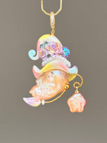 [PIECE02] Rainbow Sherbet Sprite baroque pearl necklace with pastel rainbow sculpted hat, floral details, crystal accent and dangling pearl charm