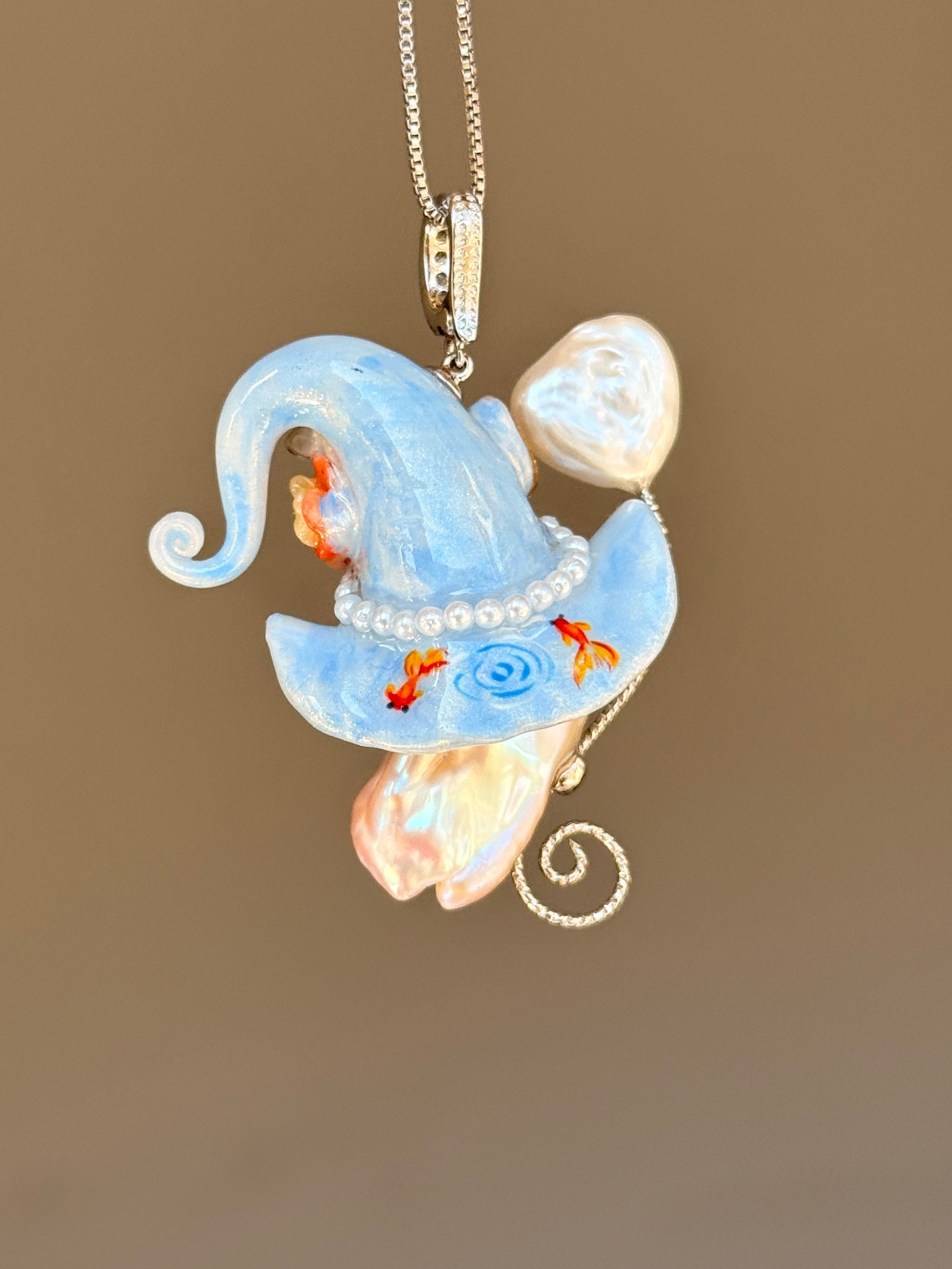 PIECE02 Pondlight Goldfish Sprite baroque pearl necklace with sky-blue hat, coral floral details and hand-painted goldfish accents