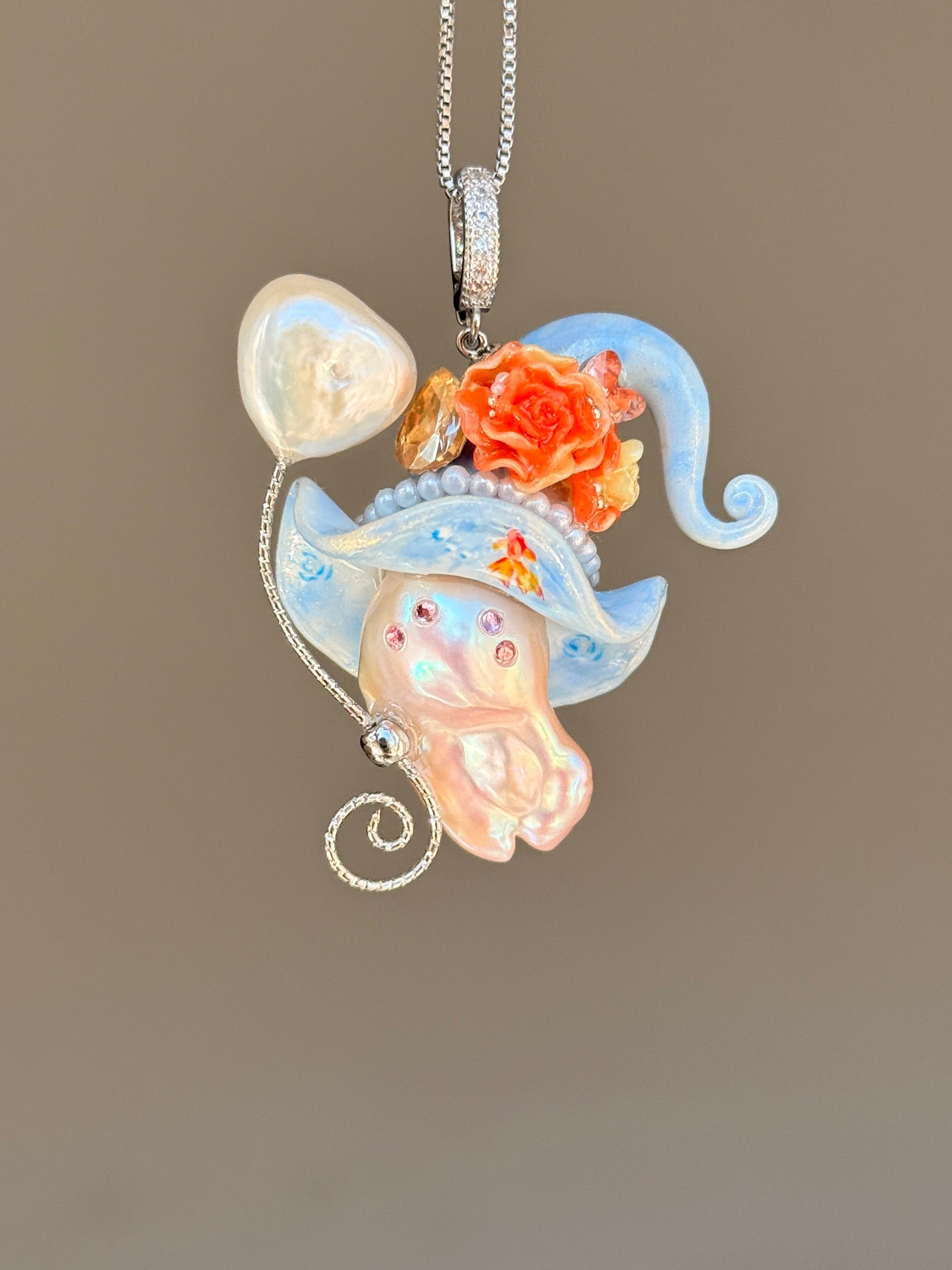 PIECE02 Pondlight Goldfish Sprite baroque pearl necklace with sky-blue hat, coral floral details and hand-painted goldfish accents