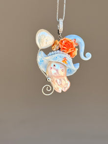 PIECE02 Pondlight Goldfish Sprite baroque pearl necklace with sky-blue hat, coral floral details and hand-painted goldfish accents