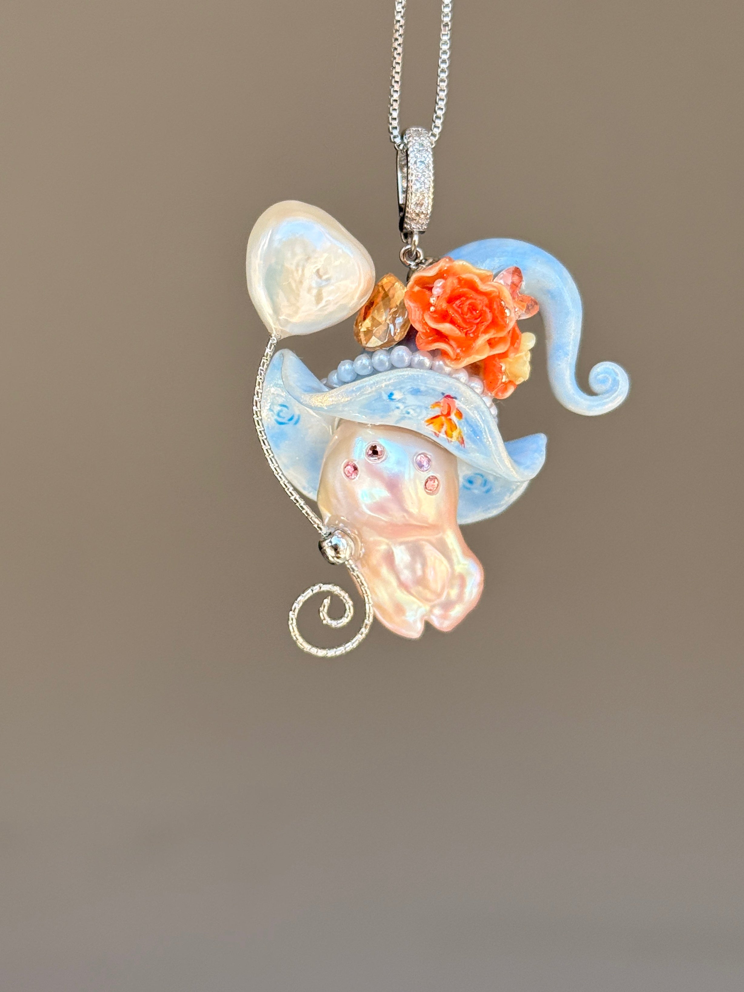 PIECE02 Pondlight Goldfish Sprite baroque pearl necklace with sky-blue hat, coral floral details and hand-painted goldfish accents