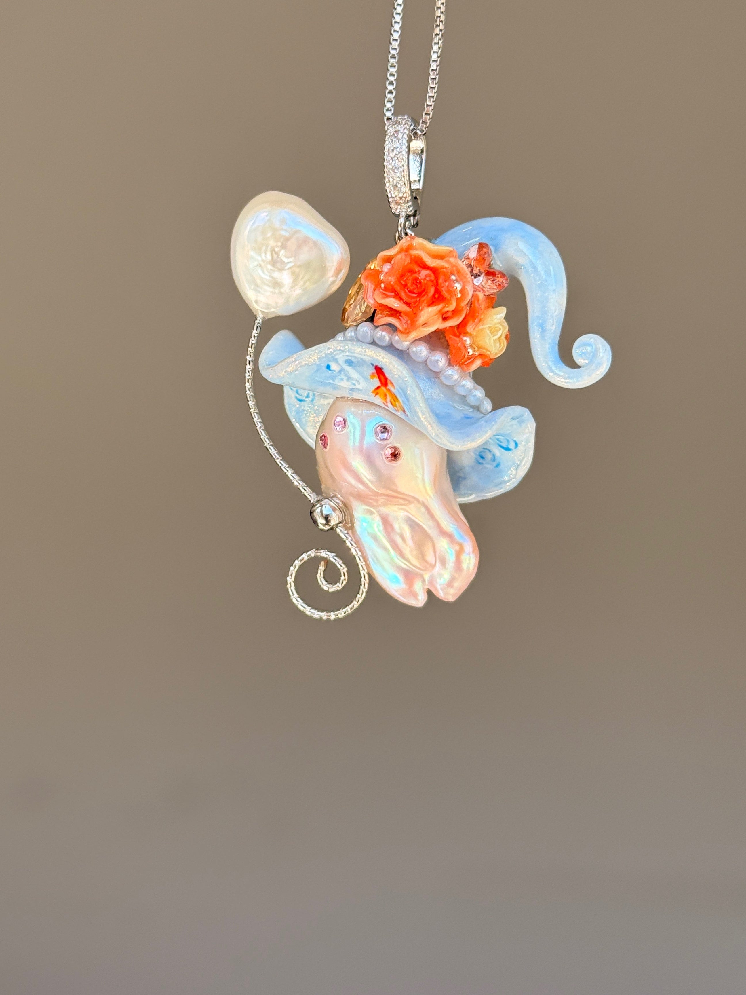 PIECE02 Pondlight Goldfish Sprite baroque pearl necklace with sky-blue hat, coral floral details and hand-painted goldfish accents