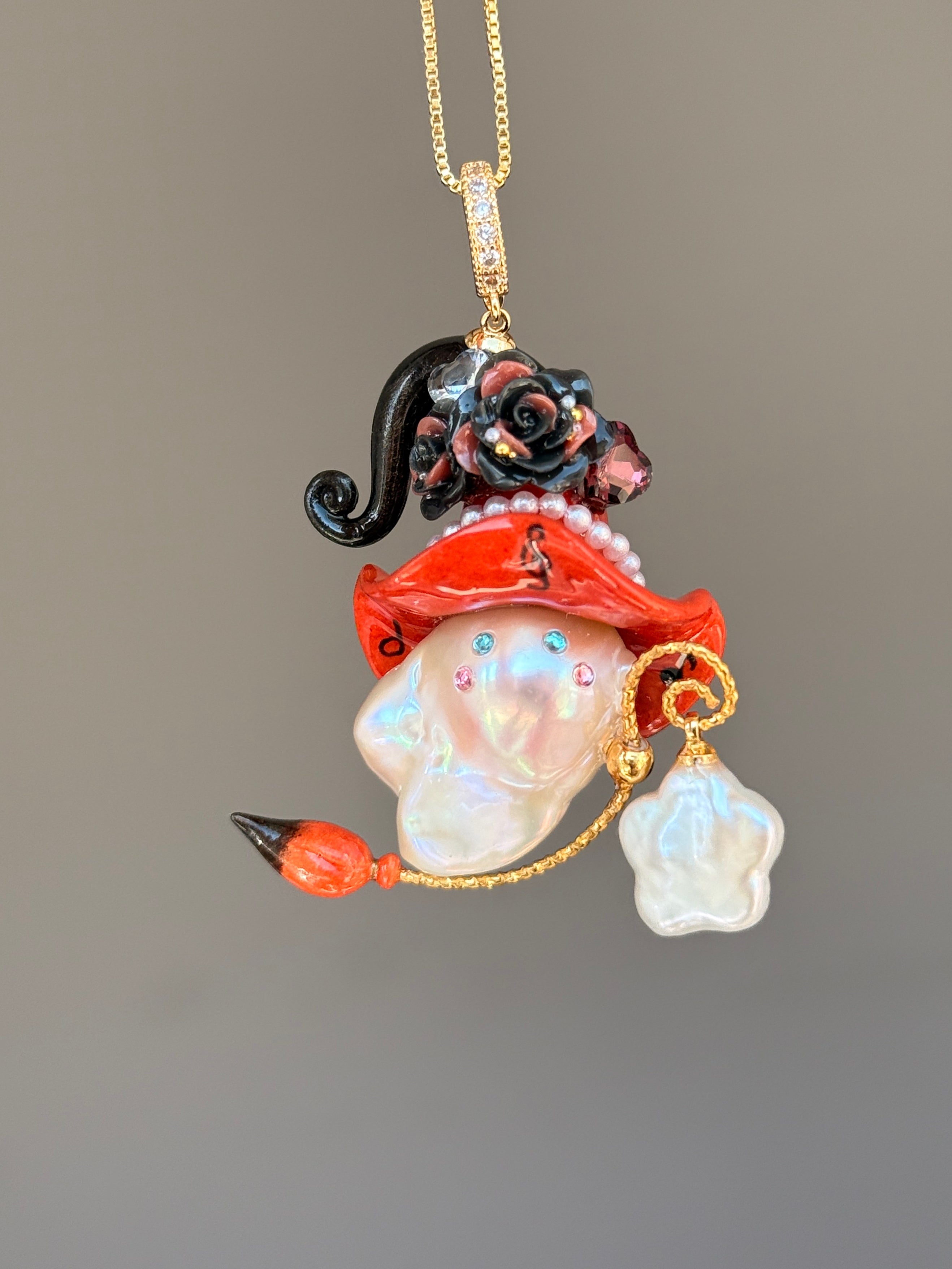PIECE01 Crimson Riff Sprite baroque pearl necklace with red music-note hat, black roses and guitar-inspired back detail