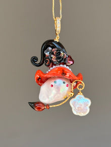 PIECE02 Crimson Riff Sprite baroque pearl necklace with red music-note hat, black roses and guitar-inspired details