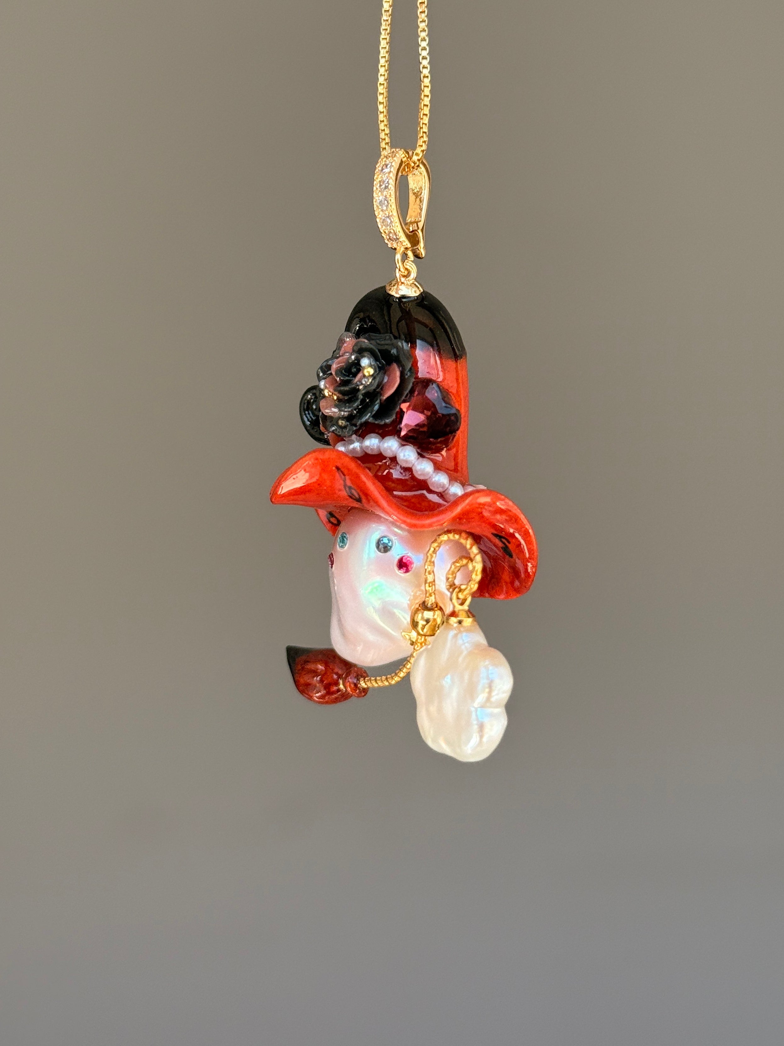 PIECE02 Crimson Riff Sprite baroque pearl necklace with red music-note hat, black roses and guitar-inspired details