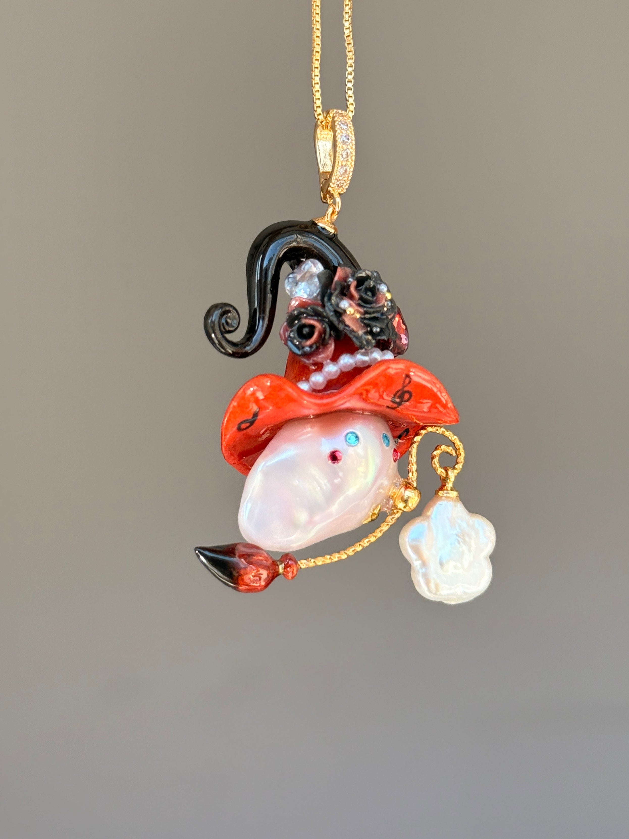 PIECE02 Crimson Riff Sprite baroque pearl necklace with red music-note hat, black roses and guitar-inspired details