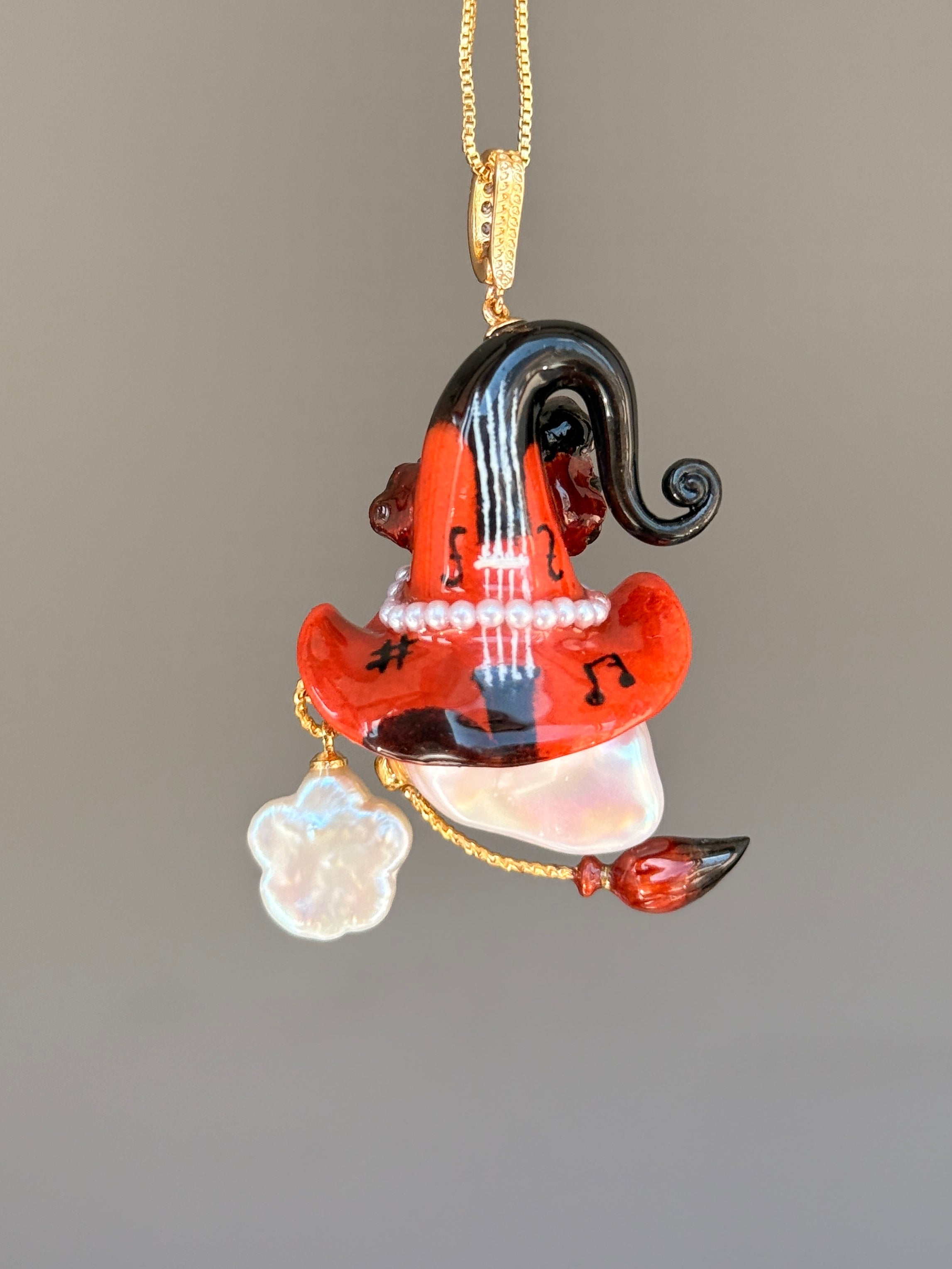 PIECE02 Crimson Riff Sprite baroque pearl necklace with red music-note hat, black roses and guitar-inspired details