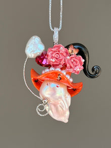 PIECE03 Crimson Riff Sprite baroque pearl necklace with red music-note hat, black roses and guitar-inspired details