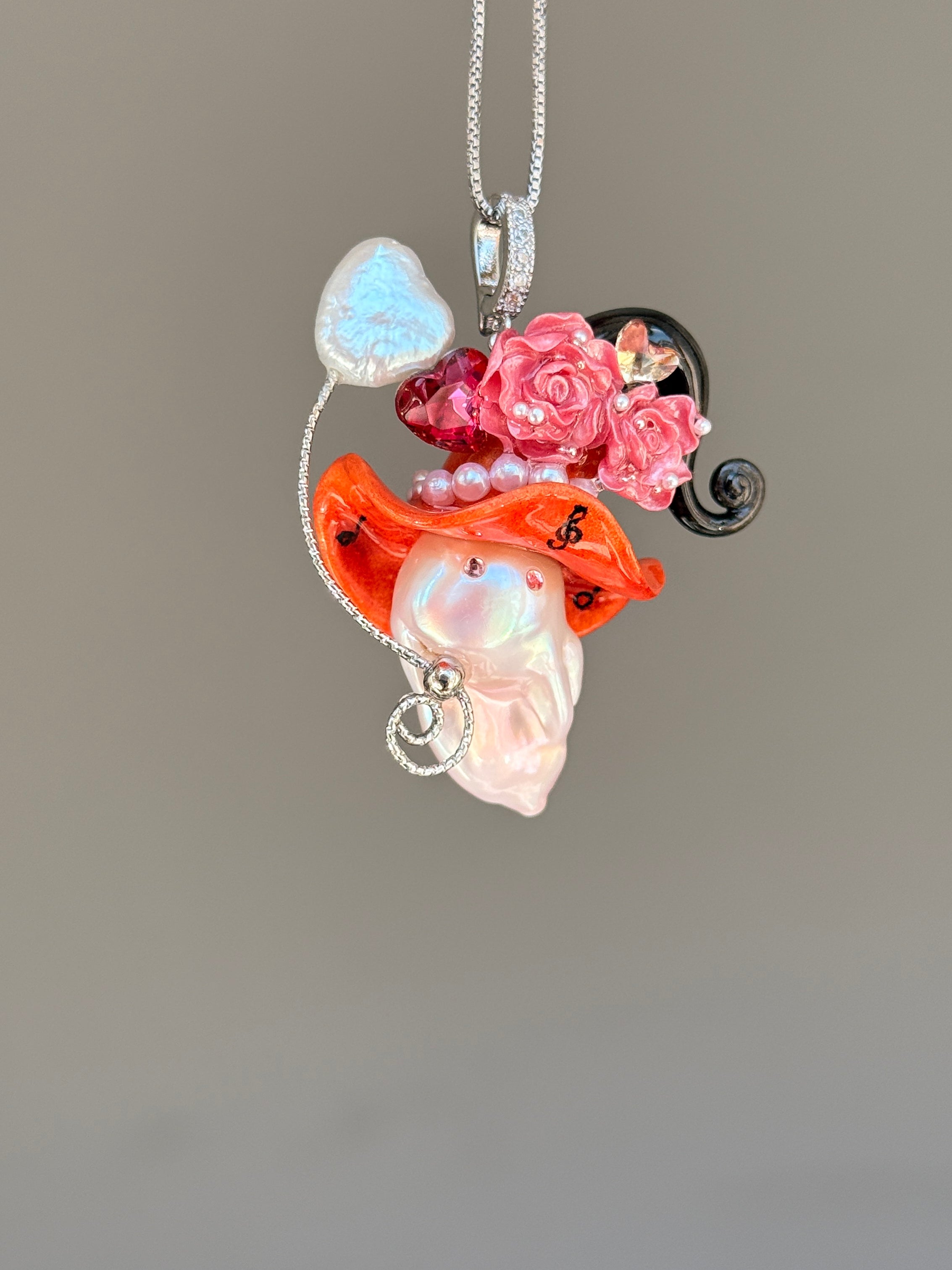 PIECE03 Crimson Riff Sprite baroque pearl necklace with red music-note hat, black roses and guitar-inspired details