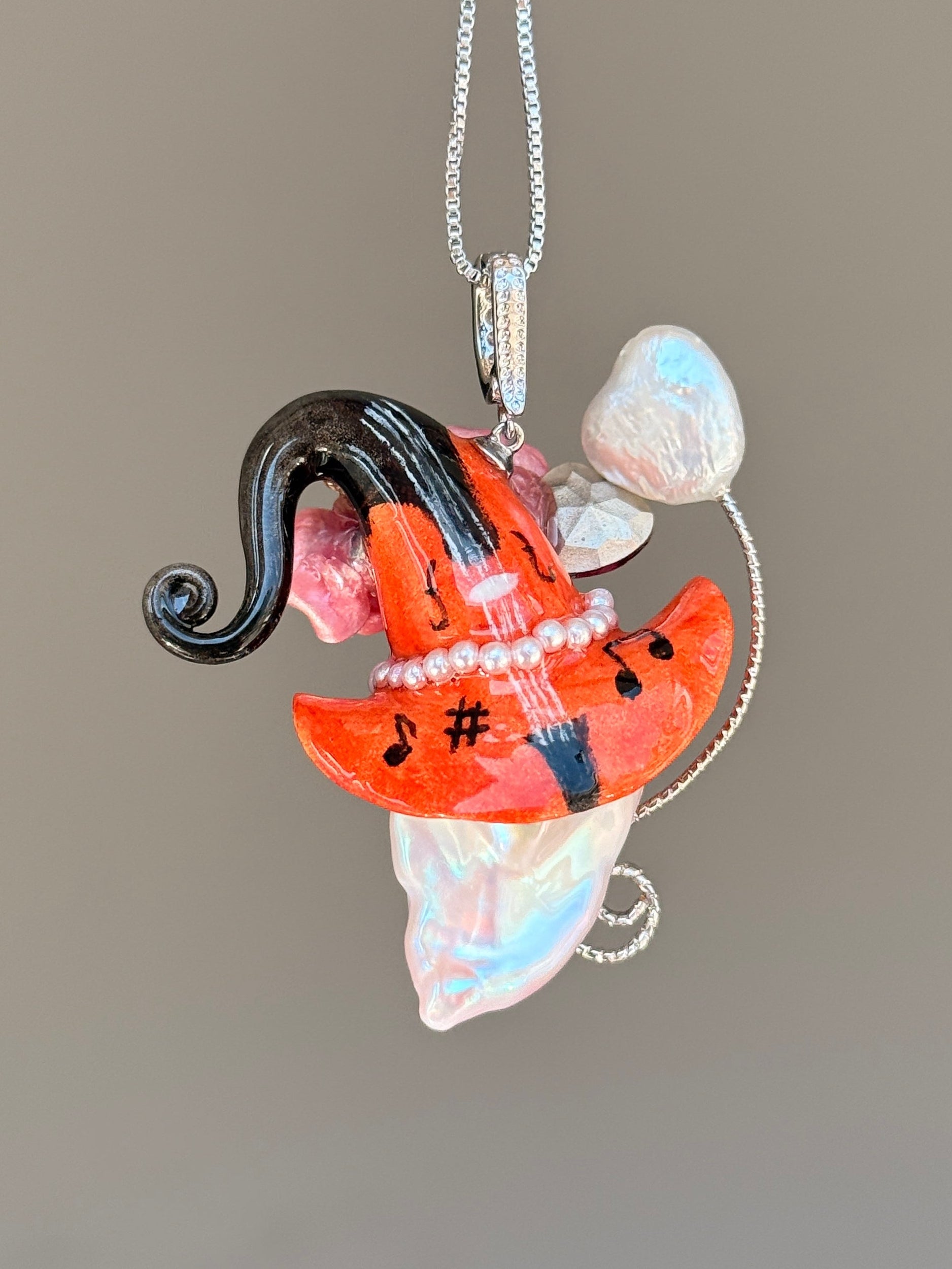PIECE03 Crimson Riff Sprite baroque pearl necklace with red music-note hat, black roses and guitar-inspired details