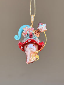 [PIECE04] Cookie Sprite baroque pearl necklace with cookie-inspired hat, sculpted cookie detail, pastel floral accents, sparkling stones, silver wand, and natural baroque pearl