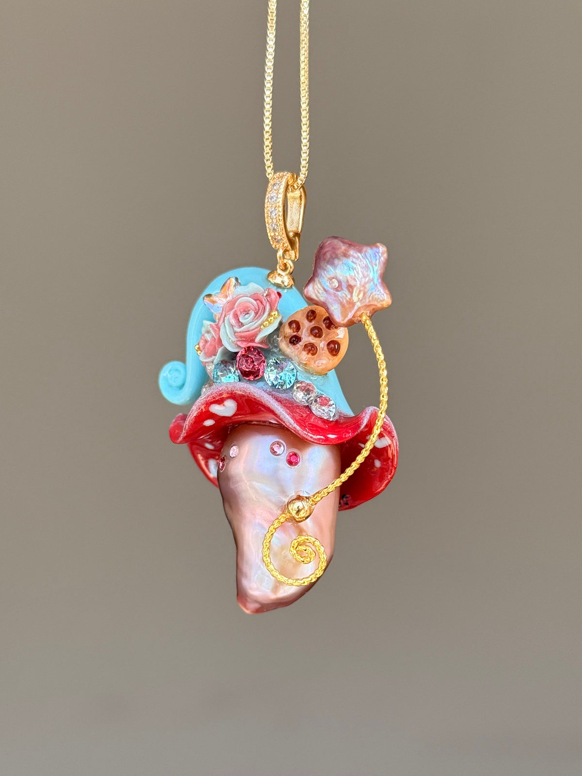 [PIECE04] Cookie Sprite baroque pearl necklace with cookie-inspired hat, sculpted cookie detail, pastel floral accents, sparkling stones, silver wand, and natural baroque pearl