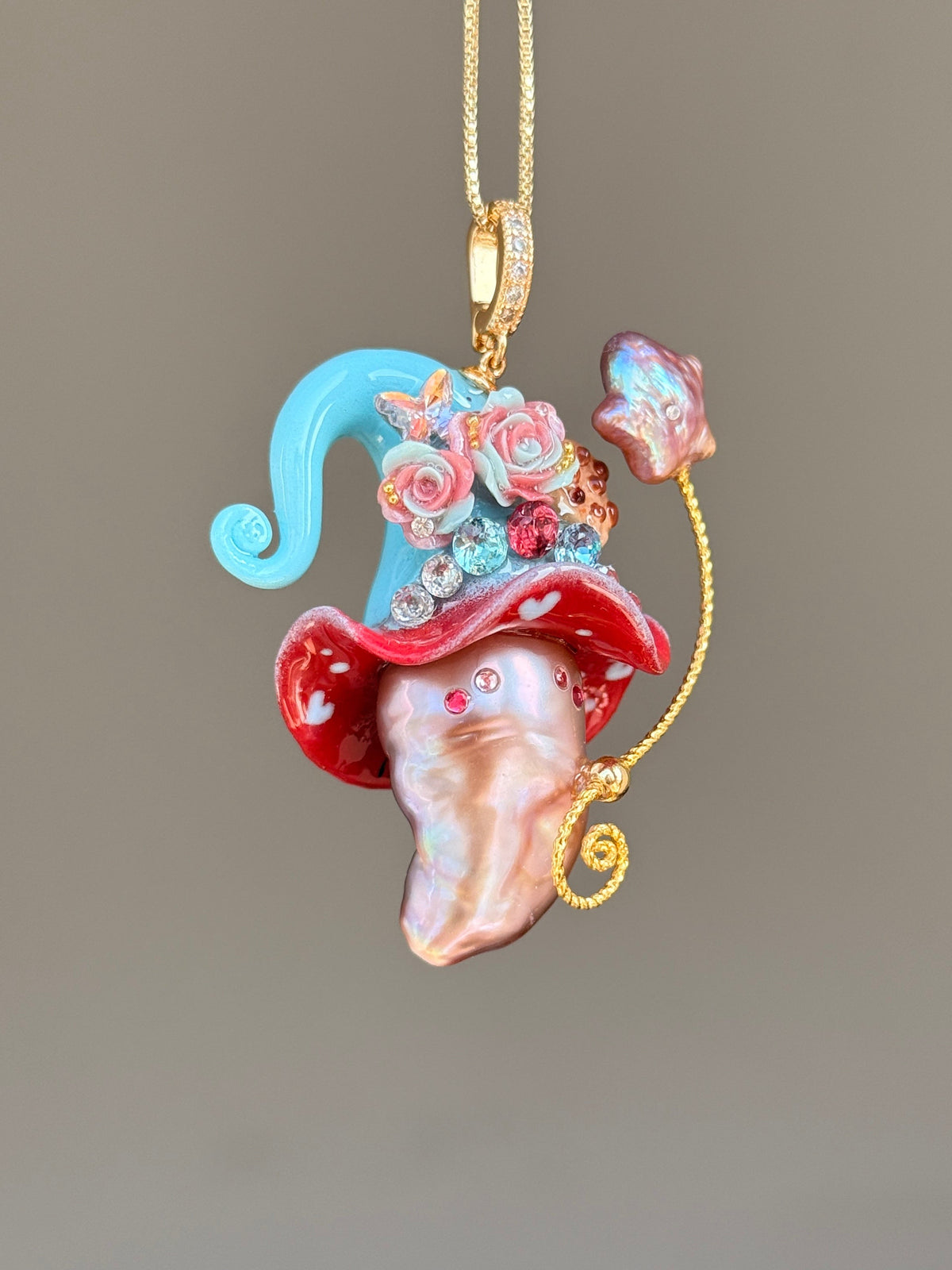[PIECE04] Cookie Sprite baroque pearl necklace with cookie-inspired hat, sculpted cookie detail, pastel floral accents, sparkling stones, silver wand, and natural baroque pearl