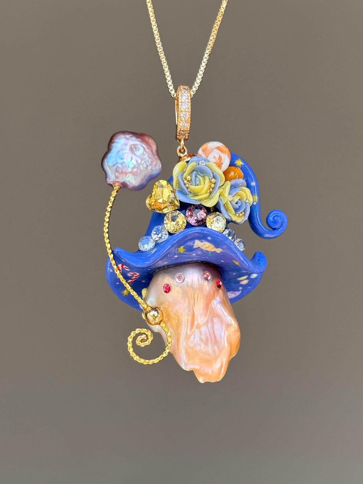 [PIECE05] Lollipop Sprite baroque pearl necklace with a curled mini hat, sculpted candy details, floral accents, sparkling crystals, a dangling charm, and natural baroque pearl