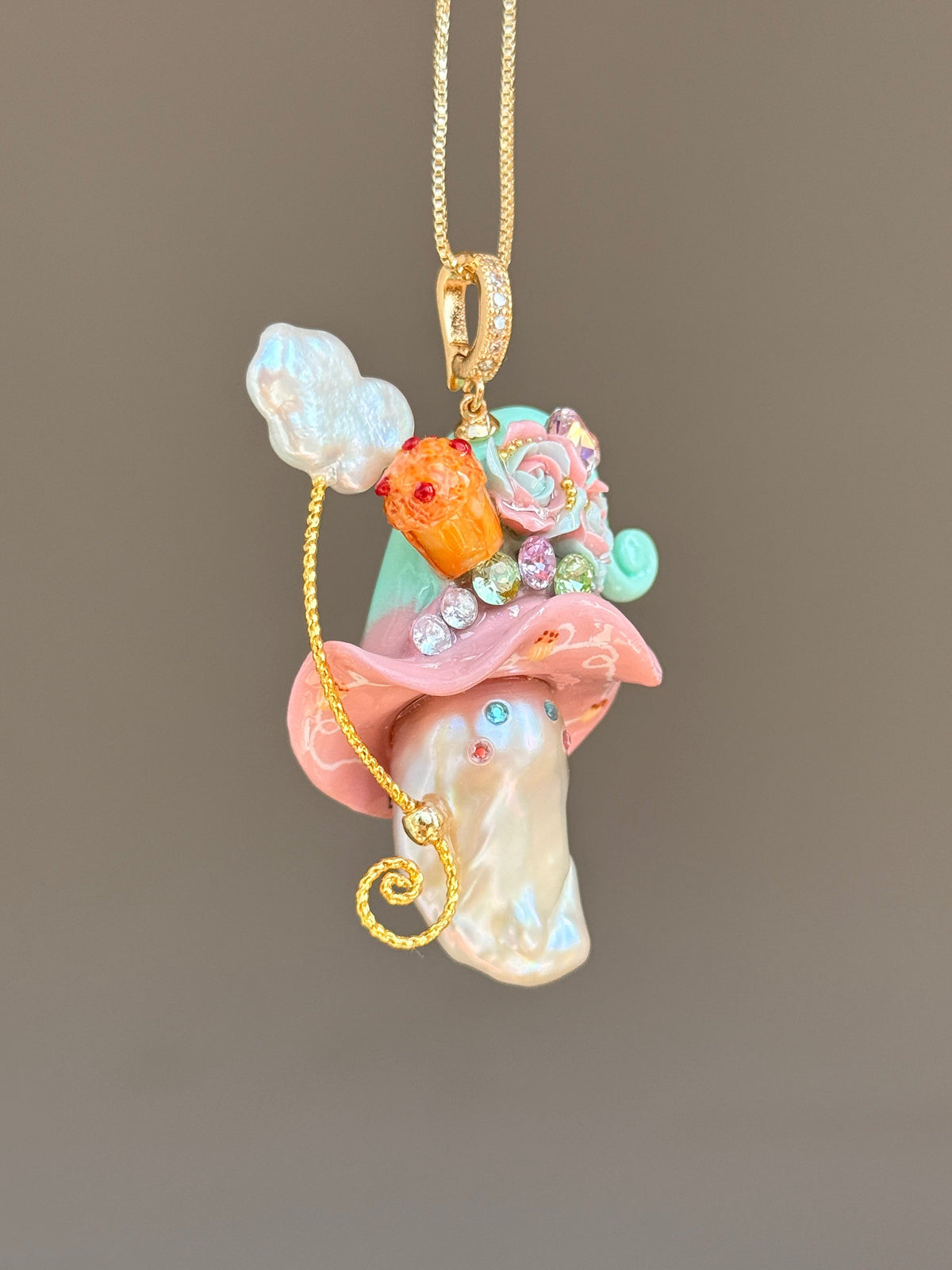 [PIECE03] Muffin Sprite baroque pearl necklace with muffin-inspired hat, pastel floral details, sparkling accents, gold wand, and natural baroque pearl