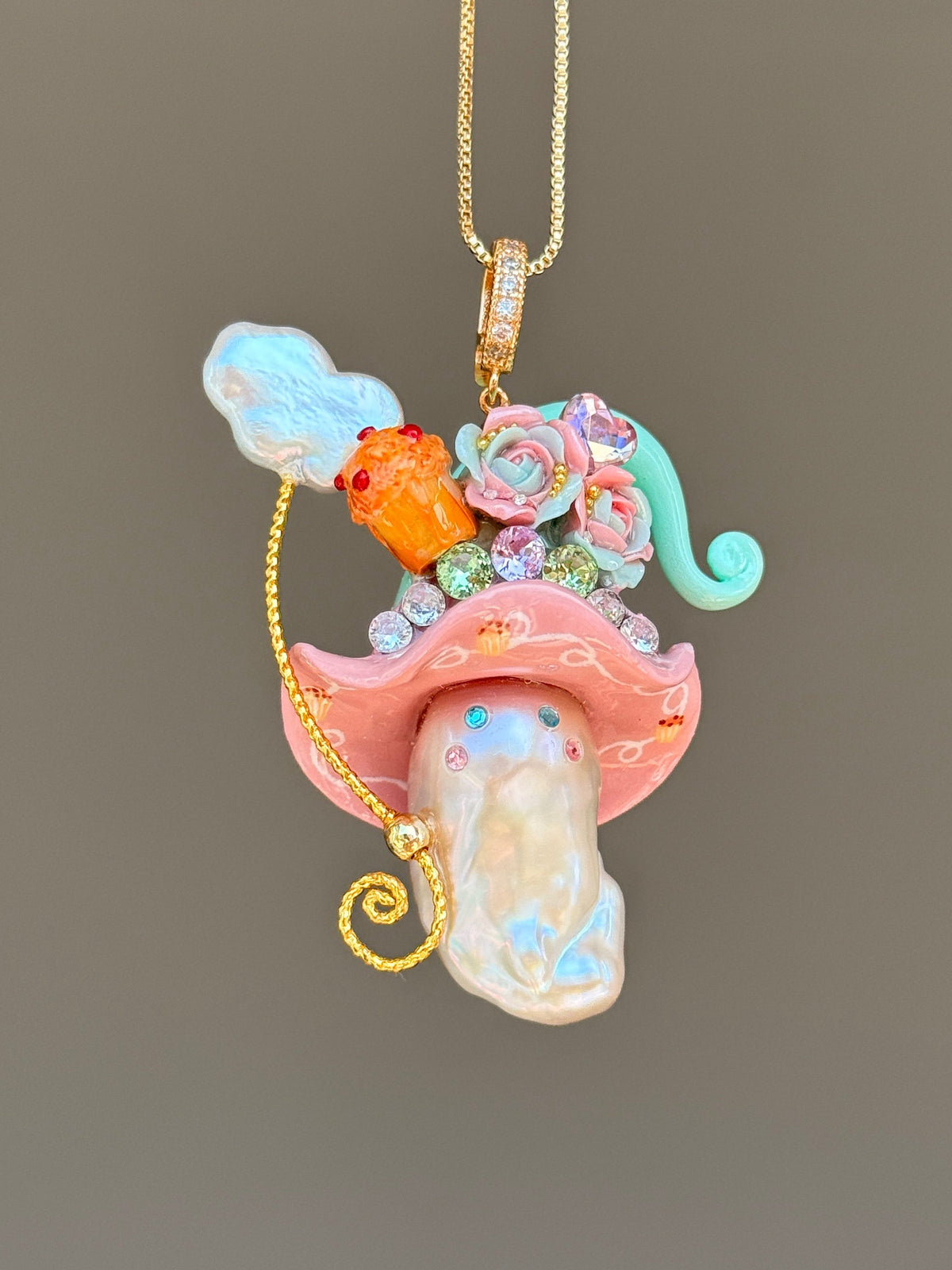 [PIECE03] Muffin Sprite baroque pearl necklace with muffin-inspired hat, pastel floral details, sparkling accents, gold wand, and natural baroque pearl