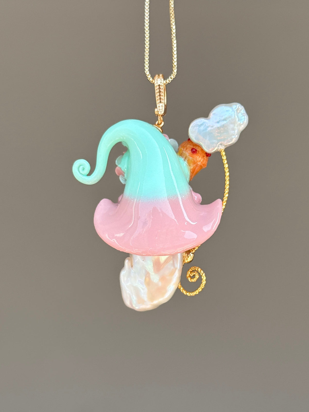 [PIECE03] Muffin Sprite baroque pearl necklace with muffin-inspired hat, pastel floral details, sparkling accents, gold wand, and natural baroque pearl