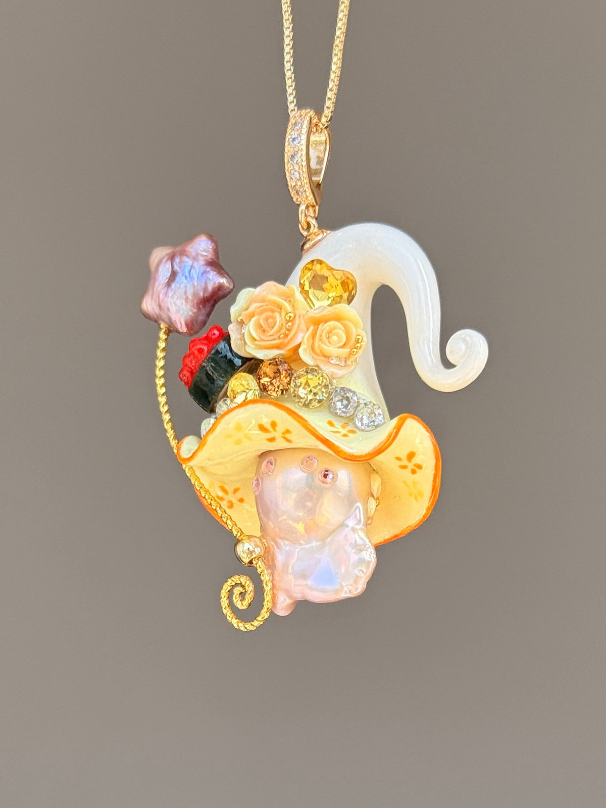 [PIECE03] Sushi Sprite baroque pearl necklace with sushi-inspired hat, sculpted sushi detail, blue floral accents, sparkling stones, dangling charm, and natural baroque pearl