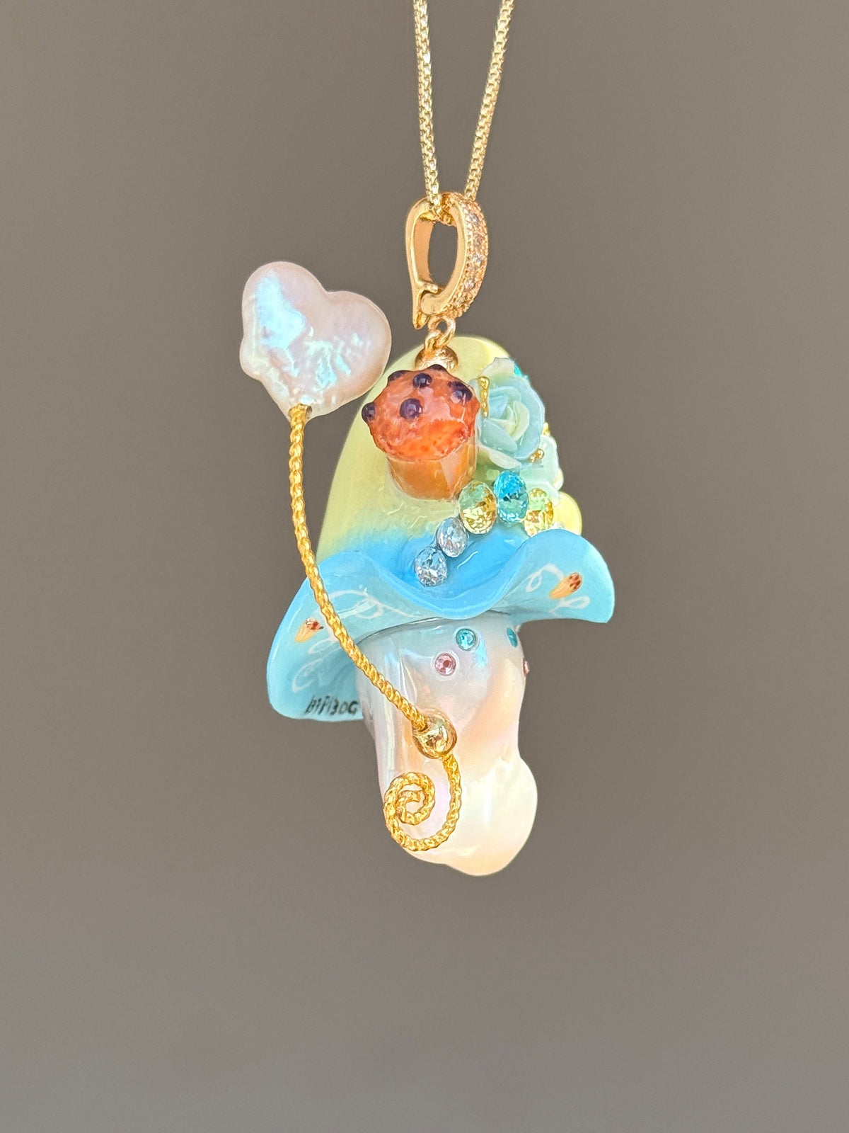 [PIECE04] Muffin Sprite baroque pearl necklace with muffin-inspired hat, pastel floral details, sparkling accents, gold wand, and natural baroque pearl