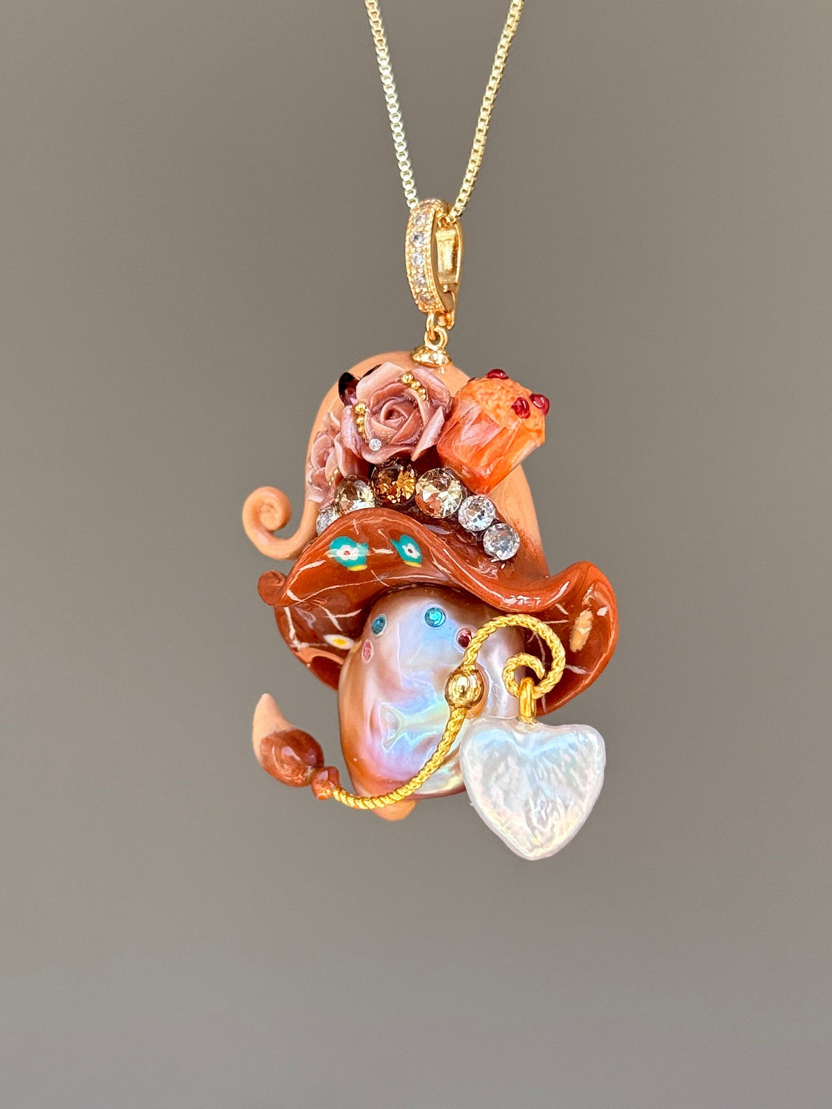 [PIECE02] Muffin Sprite baroque pearl necklace with muffin-inspired hat, pastel floral details, sparkling accents, gold wand, and natural baroque pearl
