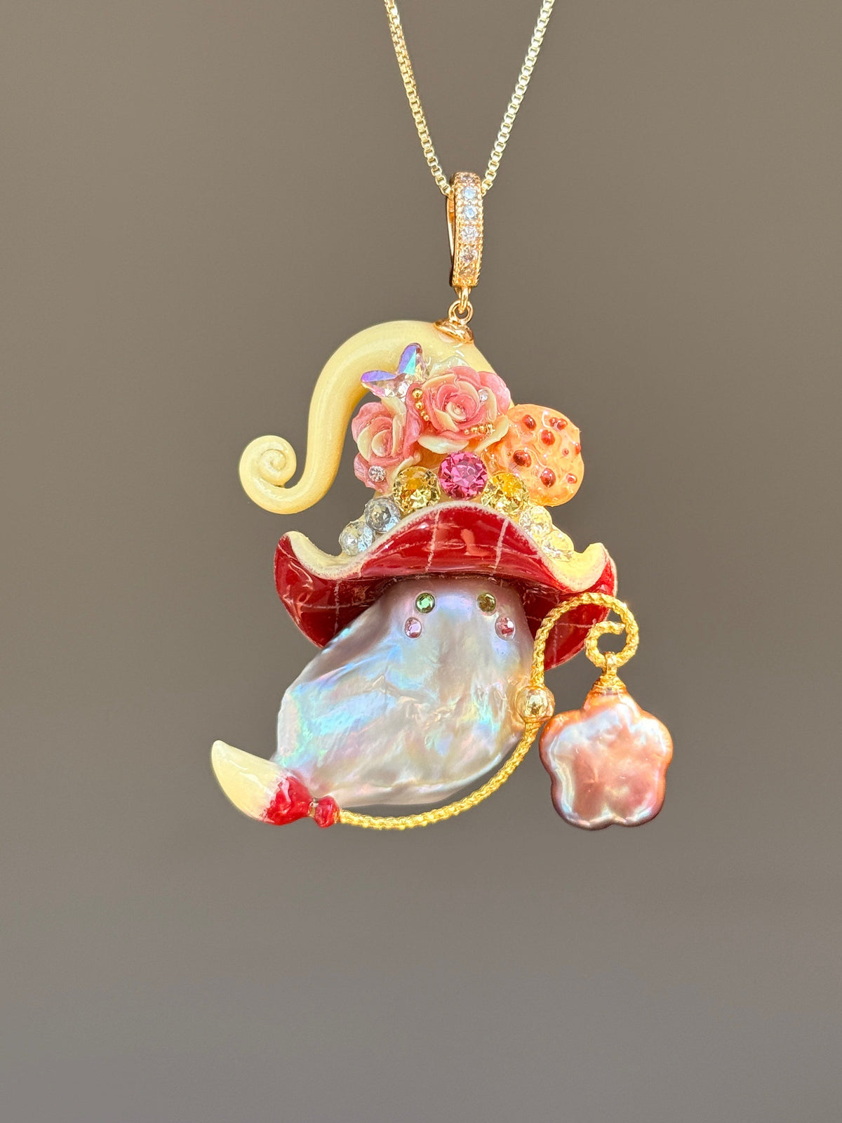 [PIECE01] Cookie Sprite baroque pearl necklace with cookie-inspired hat, sculpted cookie detail, pastel floral accents, sparkling stones, silver wand, and natural baroque pearl