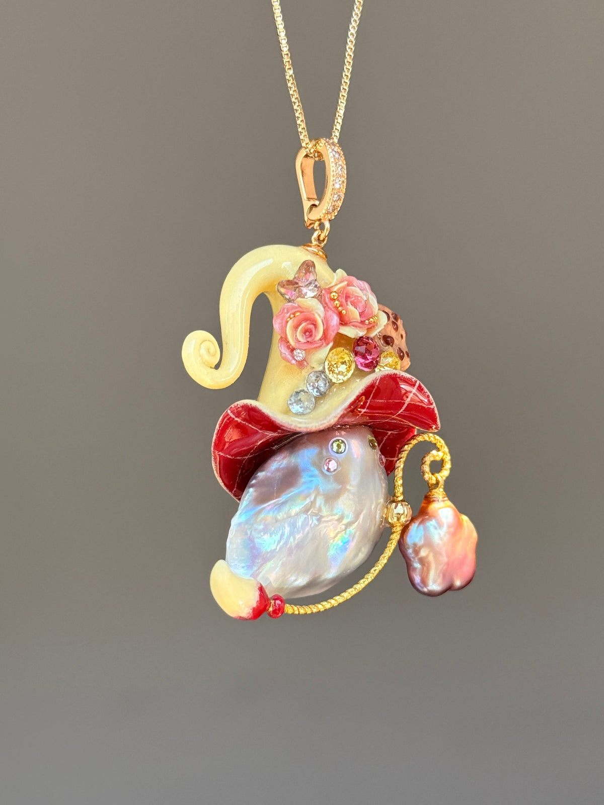 [PIECE01] Cookie Sprite baroque pearl necklace with cookie-inspired hat, sculpted cookie detail, pastel floral accents, sparkling stones, silver wand, and natural baroque pearl